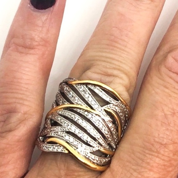 Silver Wide Band White Sapphire Gold Ring - Picture 6 of 16